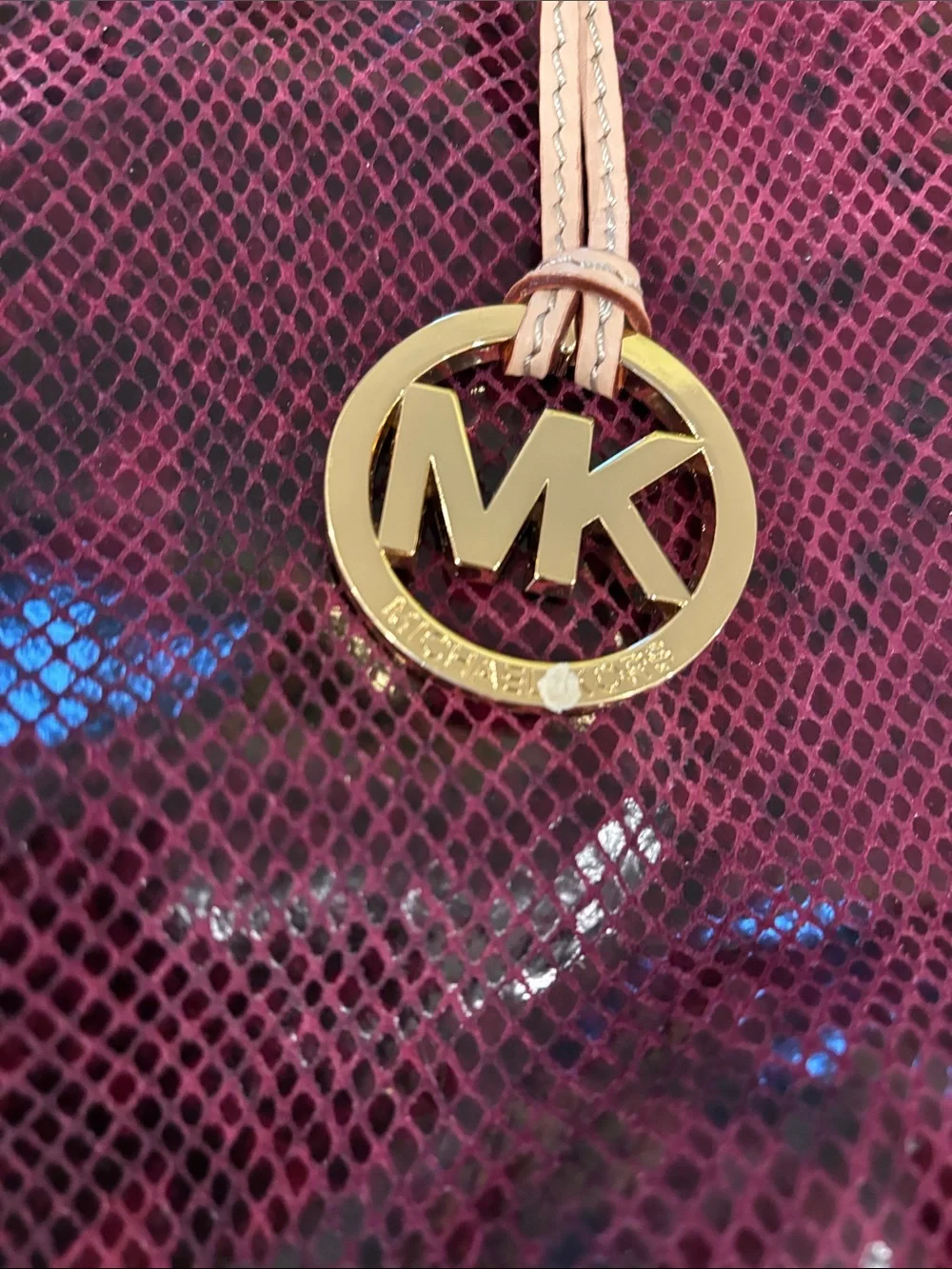 Michael Kors Wine Snake-Print Tote with Tan Straps